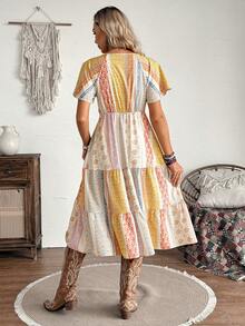 LanaWest Women's Multicolor Patchwork Bohemian Print Ruffle Sleeve Casual Mini Dress - Multicolor - View 2