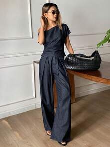 DAZY Women's Asymmetric-Shoulder Denim Top And Straight-Leg Jeans Casual Vacation Denim Set