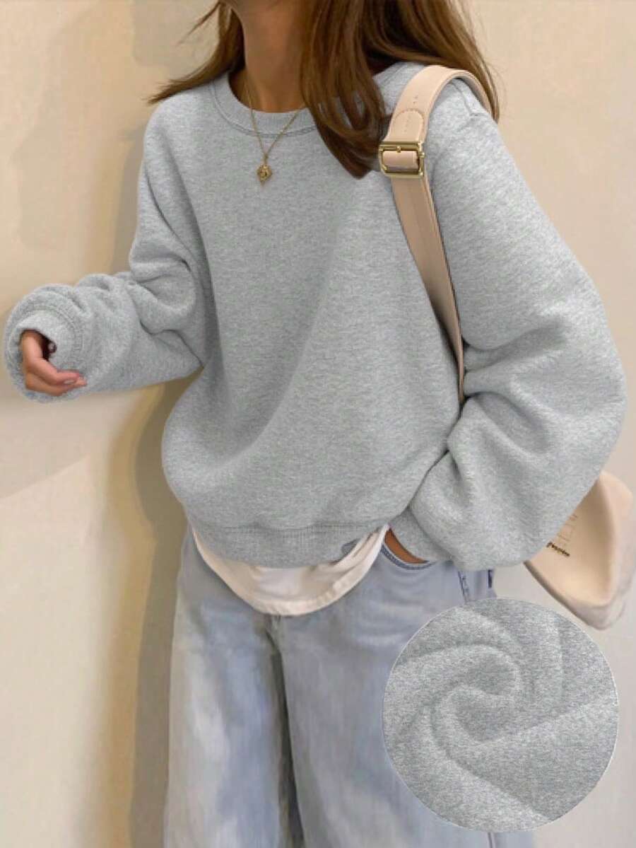 INAWLY Solid Color Round Neck Casual Versatile Long Sleeve Pullover Sweatshirt - Grey - View 1