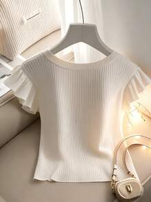 SHEIN Franclia 女士V领荷叶边拼接蝴蝶结装饰优雅百搭约会休闲T恤蝴蝶结上衣可爱针织衫女式上衣夏季上衣针织衫夏季上衣女士可爱上衣 - 白色 - 查看 2