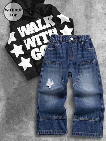 Pantalones vaqueros de mezclilla vintage lavados informales para niños pequeños con diseño de parche