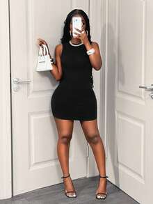 BamGleam SHEIN Seamless Knit Sexy Backless Bodycon Mini Dress - Black - View 3