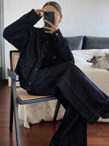 Livesso Women's Casual Denim Jacket And Pants Set, Autumn/Winter - Dark Wash - View 5