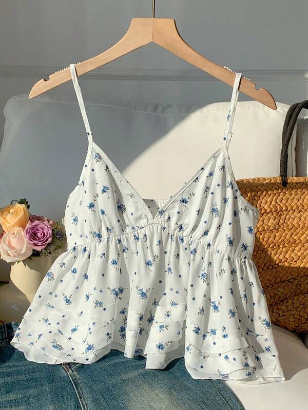 Comfortcana Top de tirantes con volantes y estampado floral ditsy para mujeres, ideal para vacaciones de verano