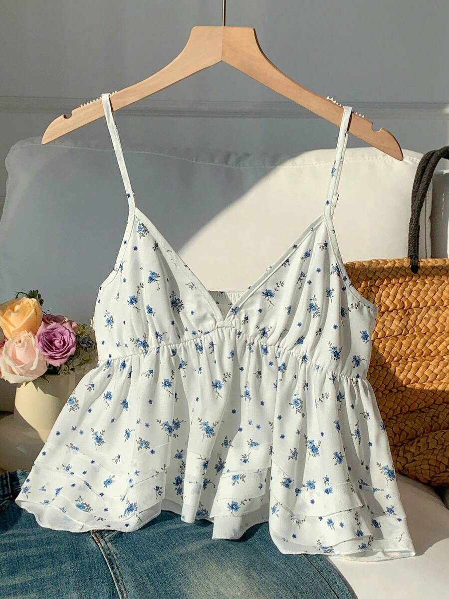 Comfortcana Áo hai dây nữ họa tiết hoa nhí xếp nếp viền ren, thích hợp cho kỳ nghỉ hè. - Nhiều màu - Xem 1