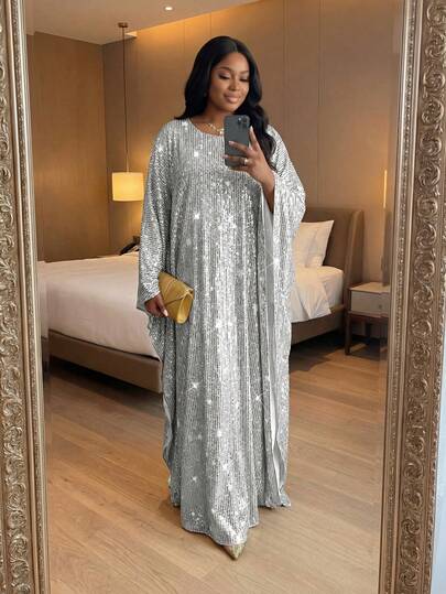 SHEIN Lady Plus Size Women Print Silver Sequin Round Neck Batwing Sleeve Loose Elegant Dress Spring Outfit Women  Summer Dress Jalabiyas   Party Dress  Wedding Guest Dress For Women   Luxury Evening Dresses For Women  Sparkly Dress Maxi Dress Long Sleeve Caftan Dress Plus Size Silver Dress Sequin Plus Size Nigerian Dresses For Women