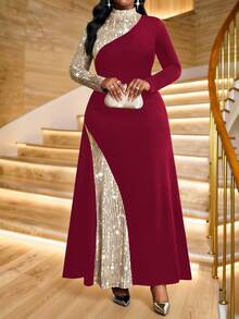 SHEIN Lady Đầm dài tay cổ đứng đính sequin phối nhiều mảnh dành cho nữ cỡ lớn, kiểu dáng thanh lịch. - Màu Đỏ Sâu - Xem 5