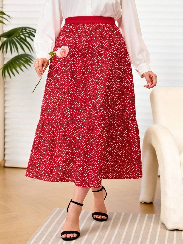Plus Size Ditsy Floral Red Casual Skirt,Vacation/Summer/Spring