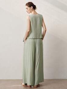 Aalyst 女士春夏套装，优雅时尚V领无袖交叉扭结上衣+阔腿裤两件套，灰绿色带口袋 - 綠色 - 查看 3