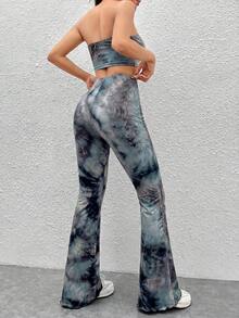 SHEIN EZwear 2pcs Women's Tie-Dye Bandeau Top And Flare Pants Set, Spring/Summer - Black and White - View 2