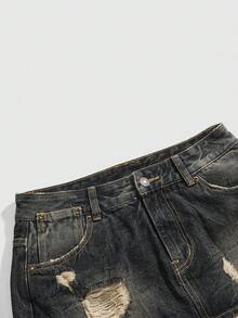 ROMWE Vintage Ombre Washed Super Low Waist Distressed Mini Denim Skirt - Blue - View 3