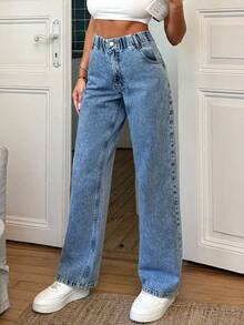 EURMUSE 100% Cotton Elastic Belt Detailed Straight Cut Jean - Light Wash - View 3