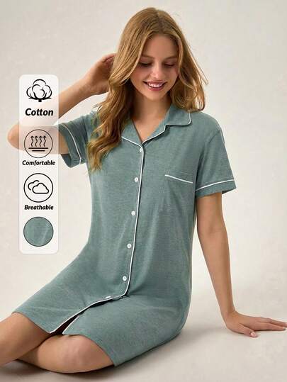 Loomlin Vestito da casa/pigiama con bottoni anteriori e dettagli a contrasto di colore per le donne