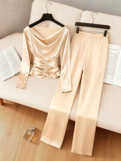 Franclia 两件套：优雅女士珍珠装饰垂褶领上衣和直筒裤