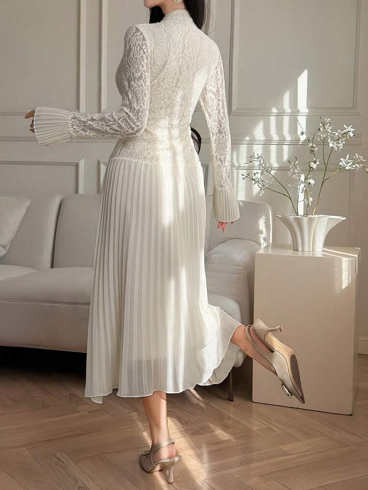 High Collar Lace Patchwork Top And Casual Mid-Length Skirt Dress For Women, Wedding Guest Dress Women Dress Sundress
