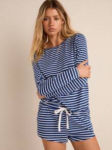 Easelle Women's Blue And White Stripe 2 Pieces Lounge Sets,Autumn Casual Loungewear Vintage Bohemian Loose Top And Low-Waist Shorts Summer Clothing Short Set - Blue - View 5