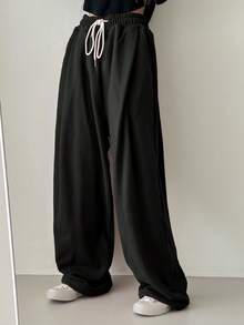 DAZY 女式宽松街头风格宽松运动裤，配有松紧腰带和系带，秋季女式慢跑裤 - 黑色 - 查看 4