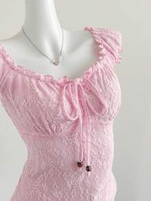 Sweetra Y2K Bowknot Pleated Textured Fabric Casual T-Shirt - Pink - View 4