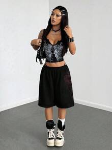 StreetHx 女士宽松灰色朋克印花七分裤 - 黑色 - 查看 6