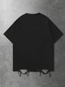 ROMWE MEN 男士休闲宽松黑色T恤，饰有十字铆钉图案，适合日常穿着和通勤，夏季款 - 黑色 - 查看 2