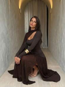 Aloruh 咖啡色方领荷叶边网纱针织长袖连衣裙 - 咖啡 - 查看 6