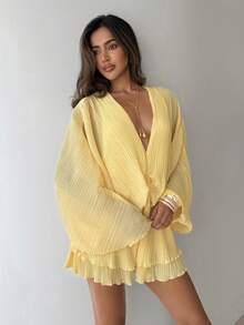 Aloruh Women's Elegant V-Neck Batwing Sleeve Pleated Fabric Mini Dress - Light Yellow - View 8