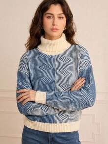 Lilora Women's Casual High Neck Regular Length Multicolor Wave Print Drop Shoulder Knit Pullover Sweater - Multicolor - View 5