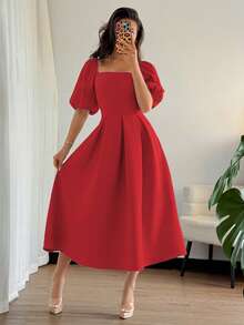Elenzga Women's Red Summer Elegant Party Dress,Minimalist Solid Color Crew Neck Ruffle Hem A-Line Puff Short Sleeve Dress,Suitable For Office,Commute,Casual - Red - View 6