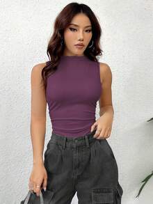 Flirla Women's Solid Color Pleated Collar Casual Bodysuit - Purple - View 6