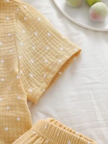 2pcs/Set Young Girl' Polka Dot Print Cute Peter Pan Collar Short Sleeve Cardigan And Casual Pants Homewear Set Yellow Pajama Set Kids Collar Neck Unisex Long Pajama Sets Cotton Summer Sleep Wear Sets Pajamas Set Two Piece - Yellow - View 8