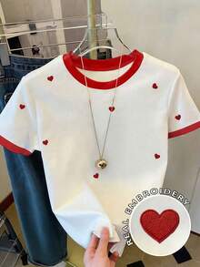 Resyla Embroidered Heart Women's Crew Neck Fitted Short Sleeve T-Shirt - White - View 1