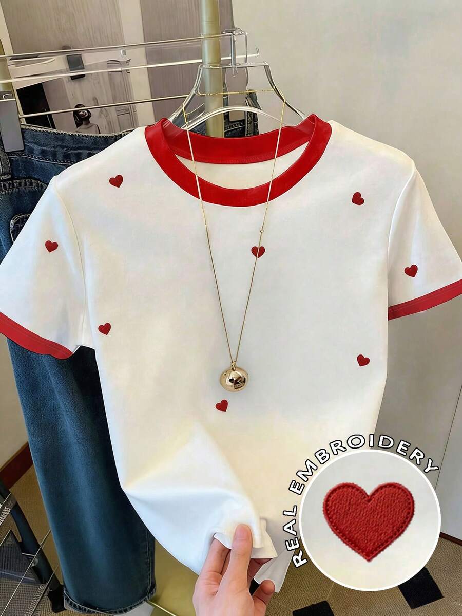 Resyla Embroidered Heart Women's Crew Neck Fitted Short Sleeve T-Shirt - White - View 1