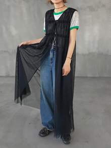 FRIFUL Top ample et ample avec superposition en maille transparente décorative pour femmes - Noir - Voir 2