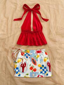 Soleia Bộ trang phục thời trang dự tiệc hẹn hò dành cho nữ, gồm áo cổ chữ V sâu, buộc dây cổ và chân váy ngắn. - Nhiều màu - Xem 2