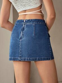 Selenza Elegant Casual Versatile Gold Flower Decor Women Denim Mini Skirt - Medium Wash - View 2