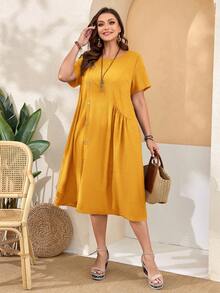 EMERY ROSE Plus Size Women's Loose Fit Buttoned Round Neck Mustard Yellow Dress,Summer Boho Vacation Short Sleeve Pocket Curve Dress With Side Slits - Yellow - View 4