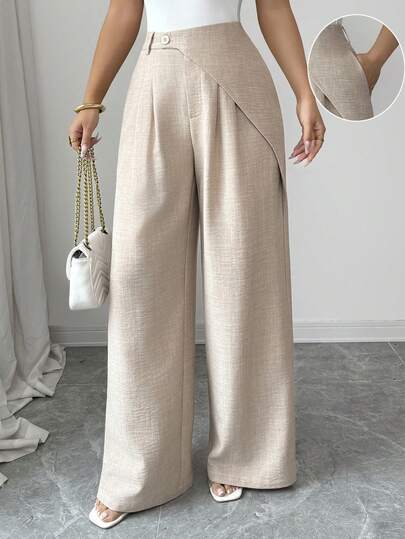 Elenzga 女士春夏优雅褶裥直筒裤，带口袋，适合外出、新年、情人节、复活节、母亲节、中东婚礼、职场、浪漫假期等场合，米色