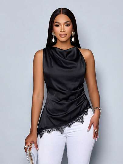 SOLERSUN Blusa de satén elegante y minimalista para mujer con cuello alto simulado, recortes de encaje negro, parches y bajo asimétrico sin mangas