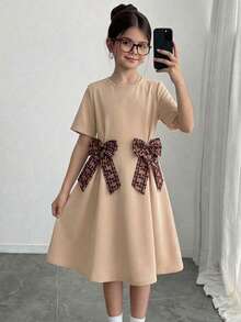 Firerie Kids Vestido casual de línea A con cuello redondo, manga corta, decoración de lazo y bloques de color para niñas preadolescentes, primavera/verano - Caqui - Ver 1