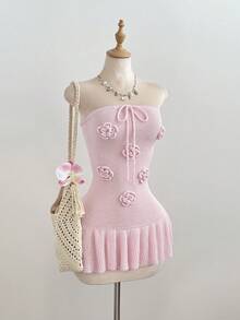 Elamini Sexy Strapless 3D Floral Women Sweater Dress - Pink - View 1