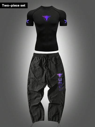 Manfinity Sport Corelite Conjunto deportivo de camiseta de manga corta tipo raglan con estampado de cabeza de toro y pantalones con cordón en la cintura para hombre