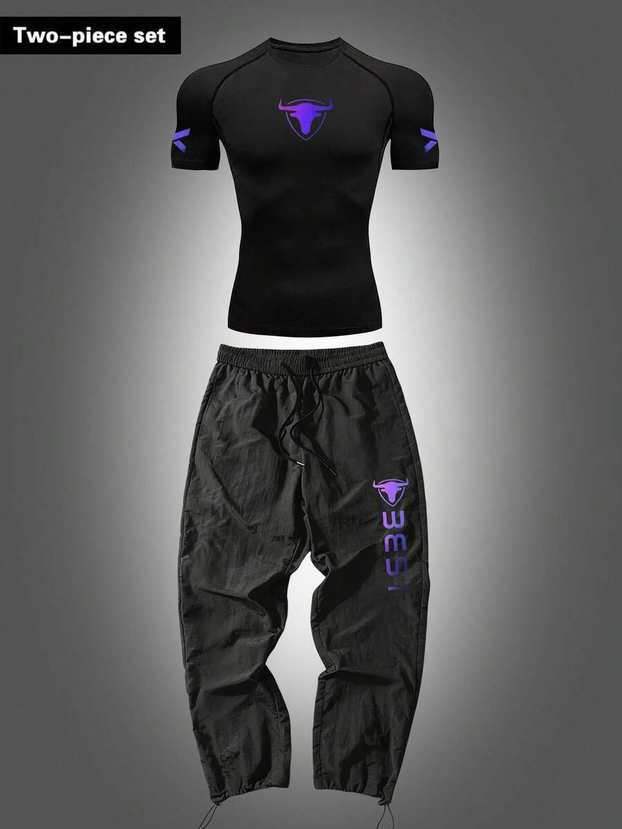 Manfinity Sport Corelite 男士牛头印花插肩短袖T恤和抽绳腰带运动裤套装 - 黑色 - 查看 1