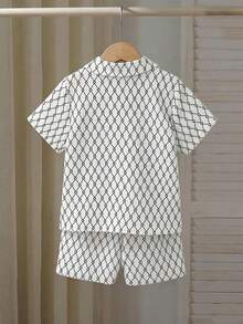 SHEIN Explorewe Bộ áo polo cổ bẻ và quần short màu trơn cho bé trai, thích hợp cho mùa hè. - Đen và trắng - Xem 2