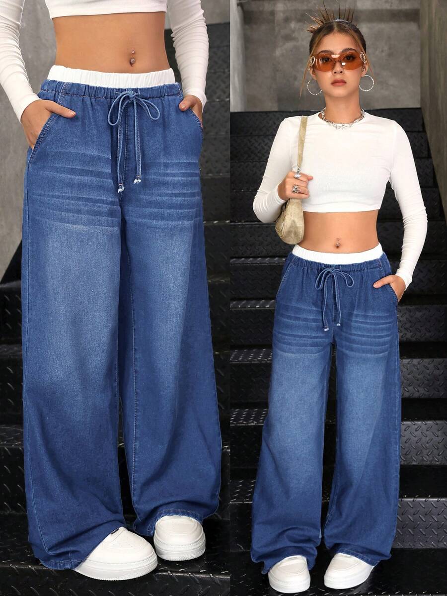 SHEIN Teenager Mädchen Y2K Herbst Blaue & Weiße Lässige Gestreifte Weite Bein Jeans Hose, Mit Kontrastierendem Bund Und 2-in-1 Design - Mittele Waschung - Übersicht 1