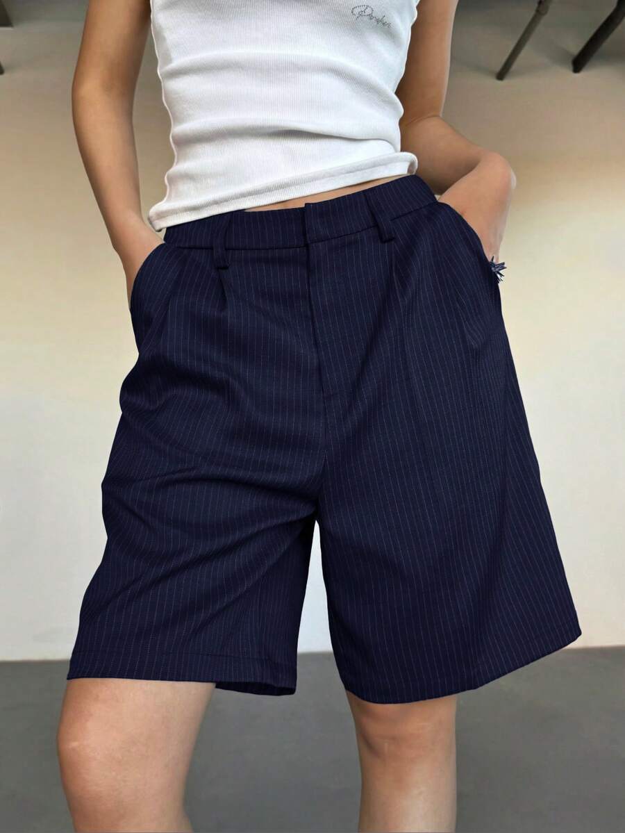 SHEIN EZwear 女士条纹口袋休闲百慕大短裤 - 藏蓝色 - 查看 1