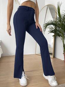 SHEIN EZwear 女士纯色高腰开衩下摆休闲喇叭裤 - 藏蓝色 - 查看 4
