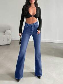 EURMUSE Jeans de pierna acampanada de cintura alta con bolsillos, versátiles y casuales para mujer - Azul lavado oscuro - Ver 6