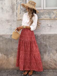 Brillora Women's Elegant Fashion Romantic Vacation Casual Elastic Waist Multi-Layer Retro Printed Skirt, Spring/Summer, Bohemian Skirt - Red - View 4