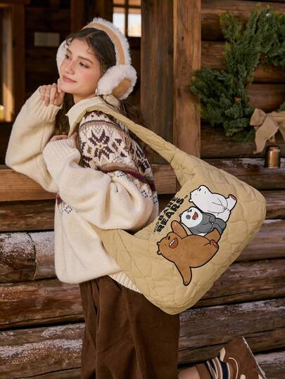 We Bare Bears X SHEIN 女士单肩包，卡通图案，绗缝设计，时尚百搭，个性设计，简约百搭，街头风，甜美酷女孩，性感女孩，大容量，可爱