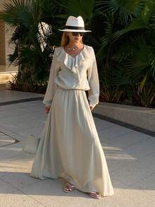 Livesso Women's Summer Ruffle Collar Top And Solid Loose Skirt 2 Pieces Set Linen - Khaki - View 4